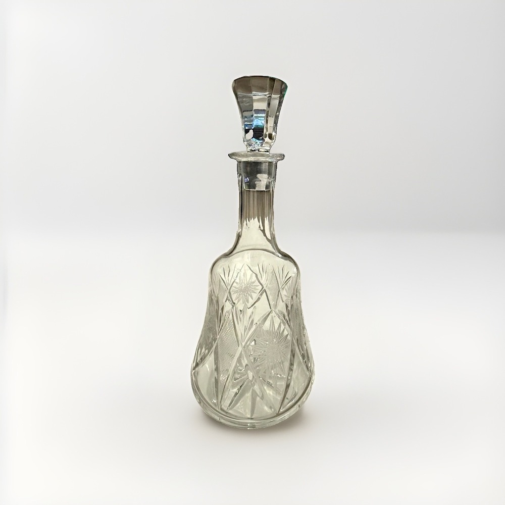 Vintage Clear Cut Glass Decanter with Stopper, Starburst Pattern 13 in Tall